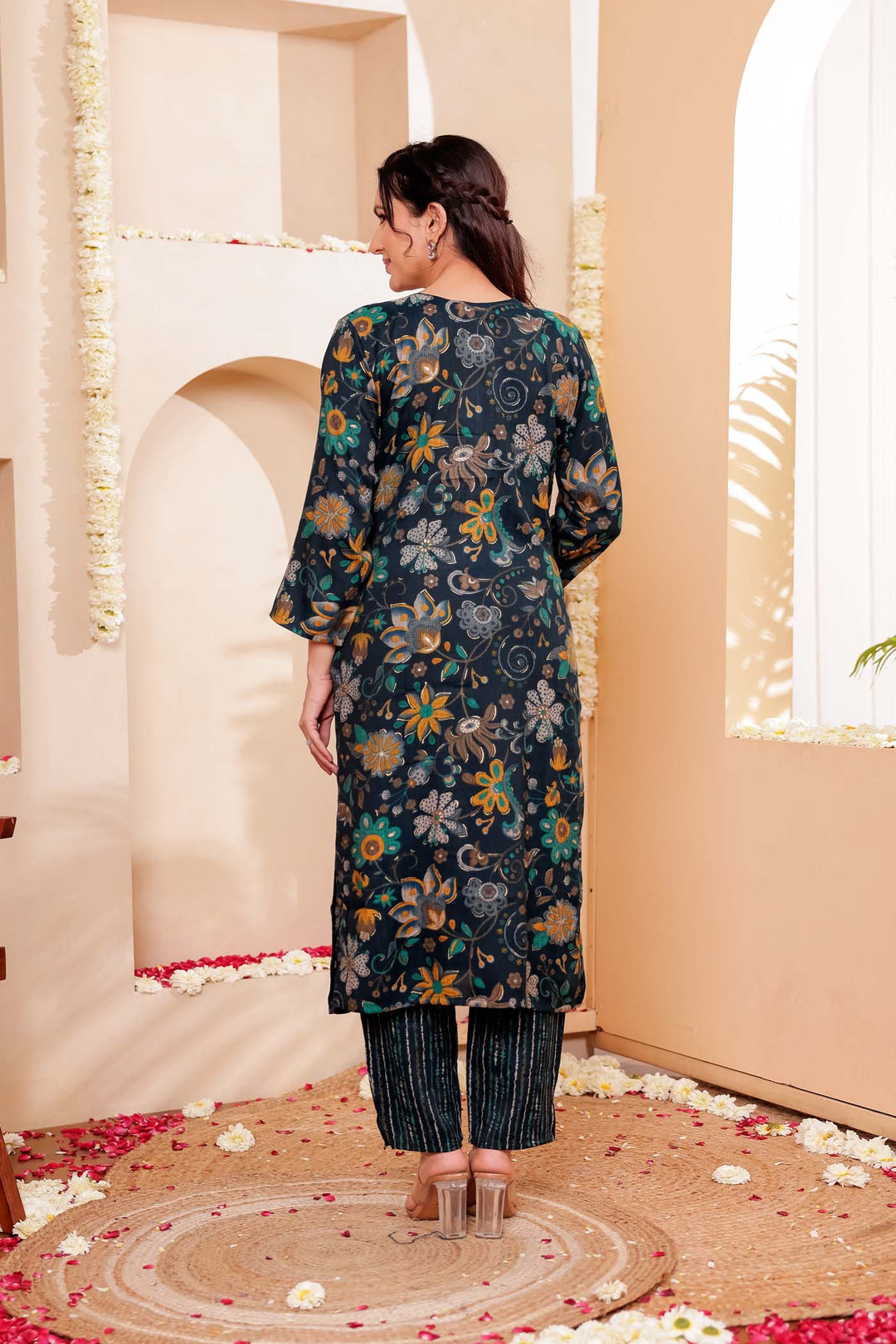 Dark Rama Floral Print Straight Cut Rayon Kurta Set.