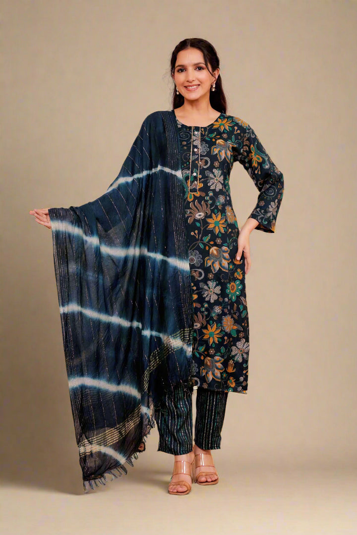 Dark Rama Floral Print Straight Cut Rayon Kurta Set.