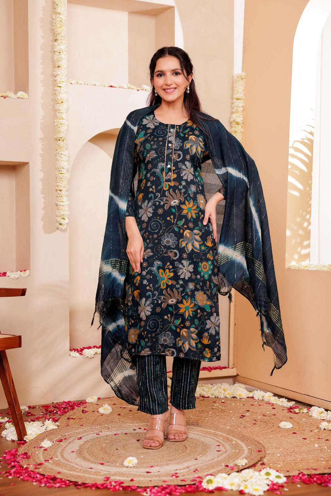 Dark Rama Floral Print Straight Cut Rayon Kurta Set.