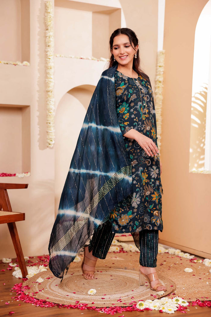 Dark Rama Floral Print Straight Cut Rayon Kurta Set.