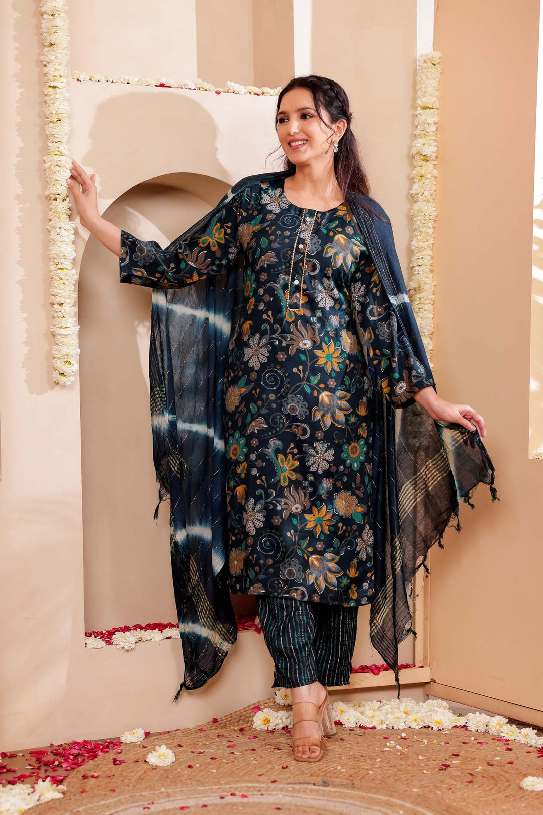 Dark Rama Floral Print Straight Cut Rayon Kurta Set.