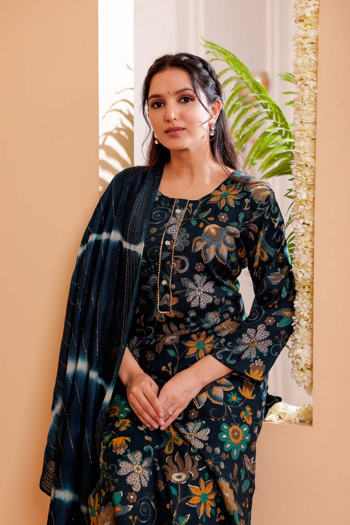 Dark Rama Floral Print Straight Cut Rayon Kurta Set.