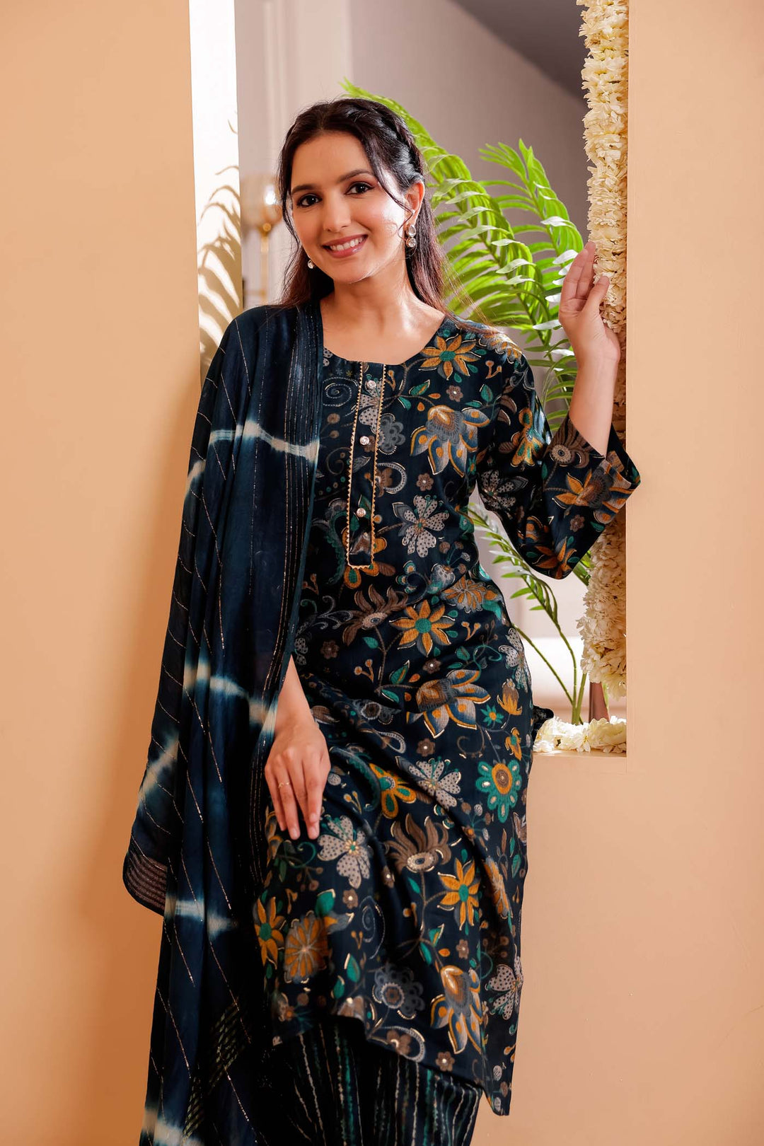 Dark Rama Floral Print Straight Cut Rayon Kurta Set.