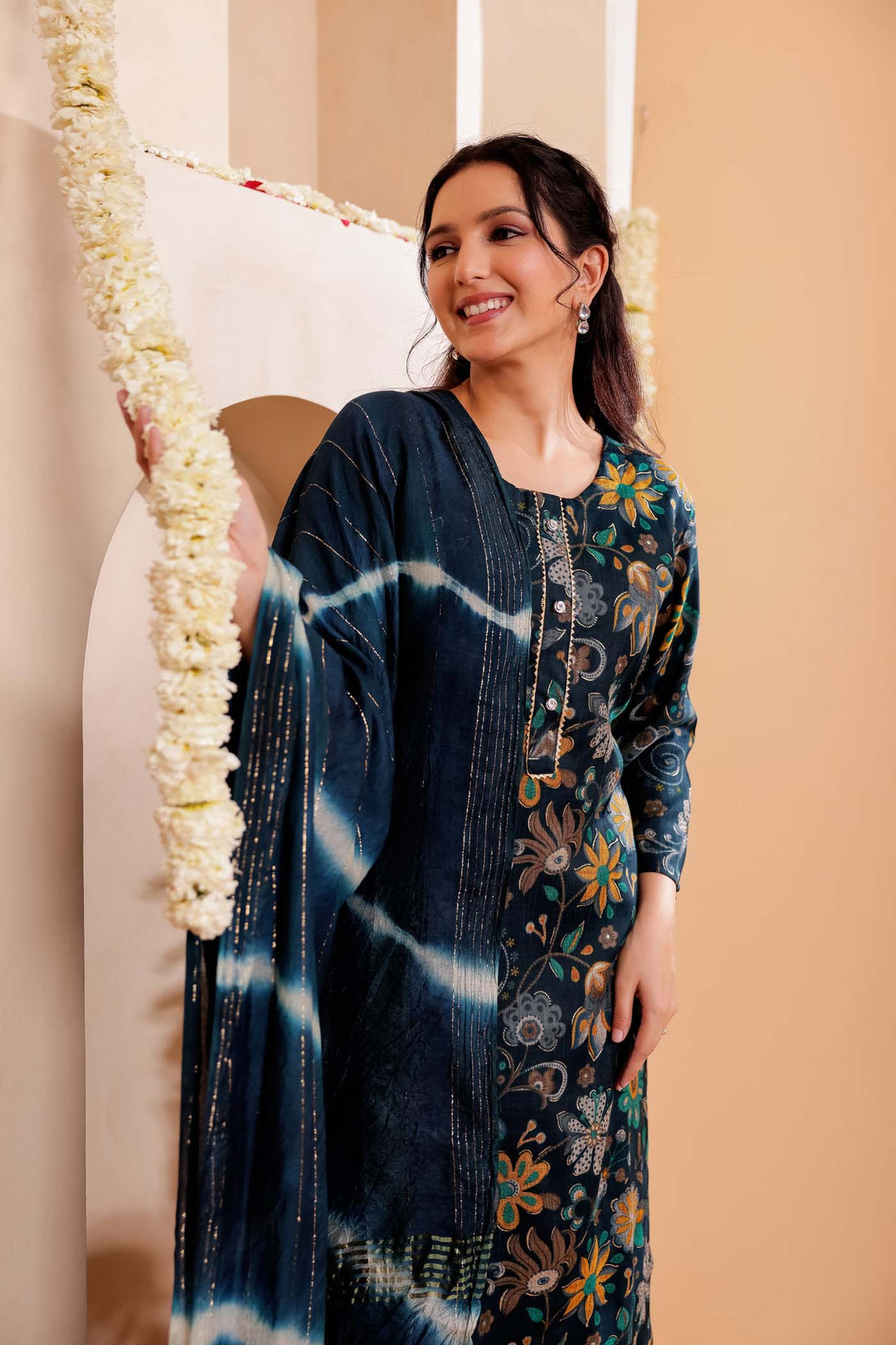 Dark Rama Floral Print Straight Cut Rayon Kurta Set.