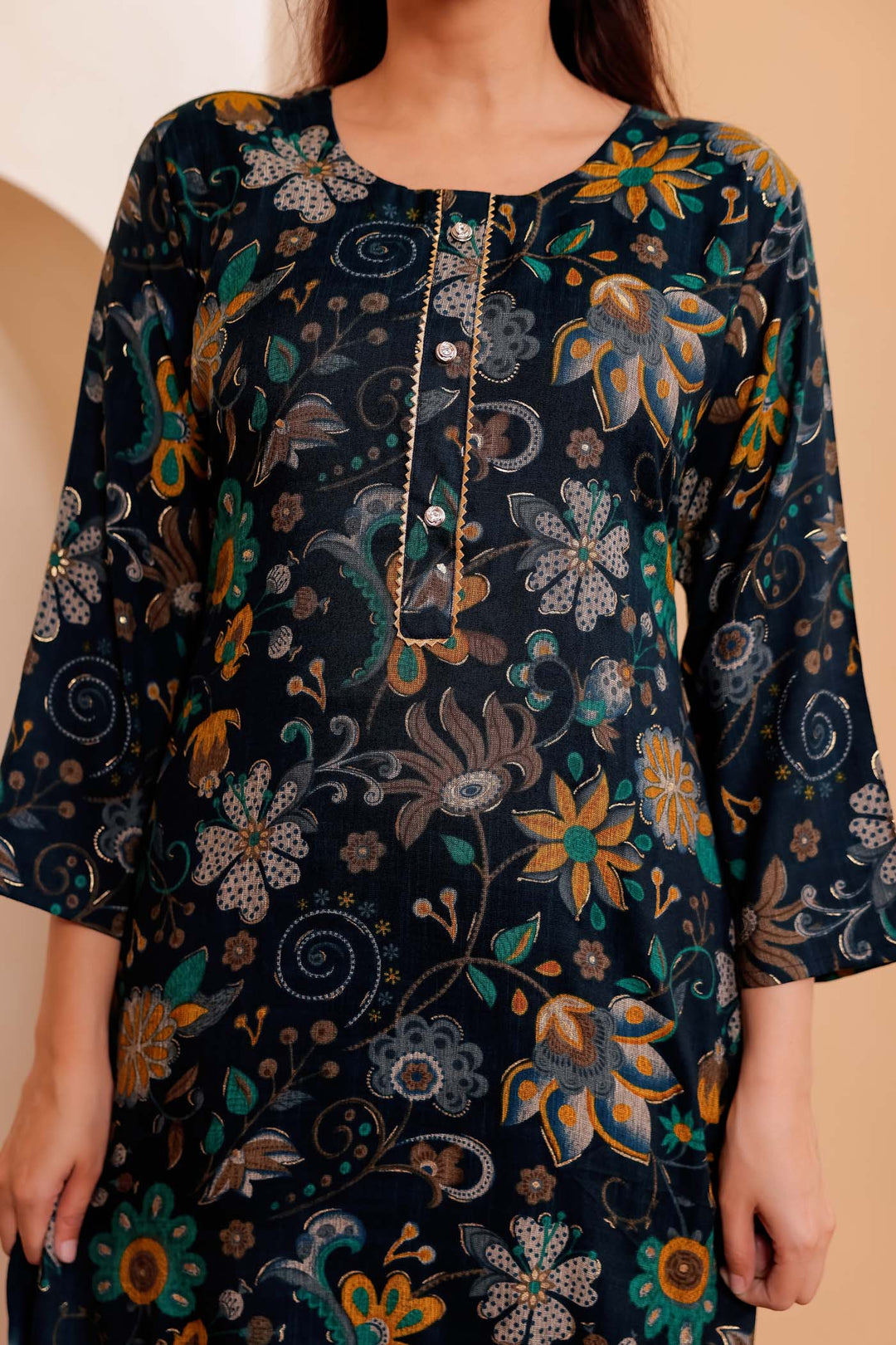 Dark Rama Floral Print Straight Cut Rayon Kurta Set.