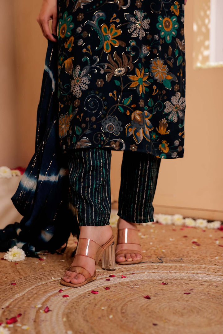 Dark Rama Floral Print Straight Cut Rayon Kurta Set.