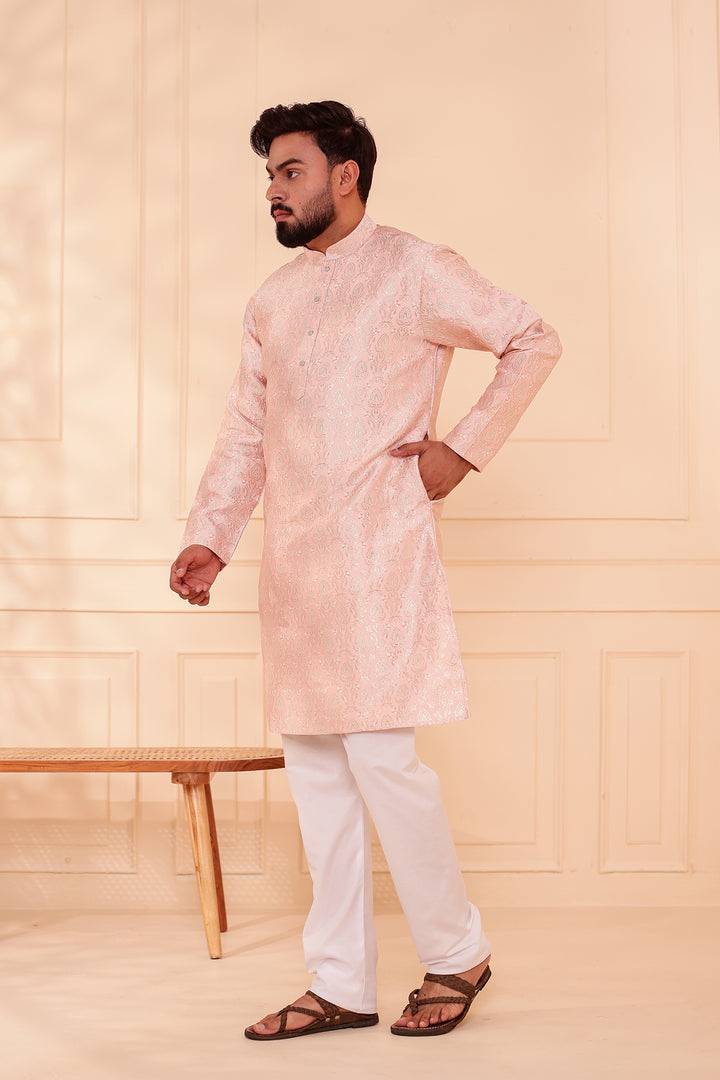 Peach Brocade Silk Kurta Suit with Gold Zari Weave.