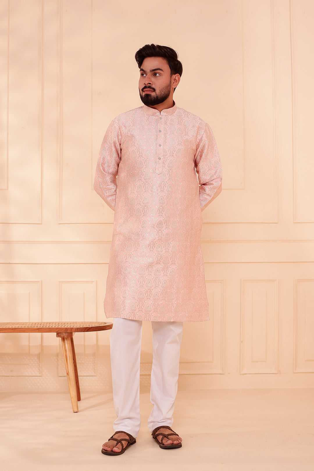 Peach Brocade Silk Kurta Suit with Gold Zari Weave.