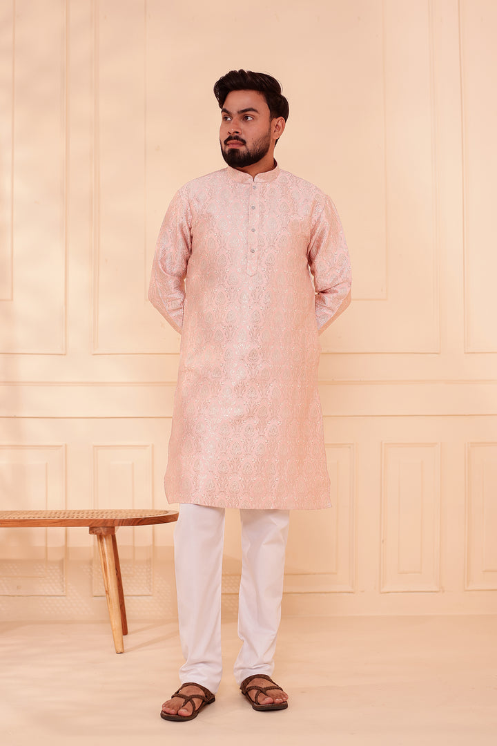 Peach Brocade Silk Kurta Suit with Gold Zari Weave.