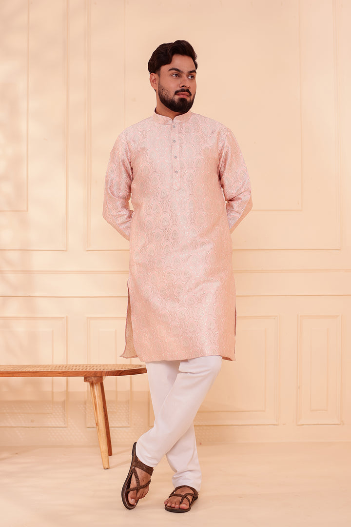 Peach Brocade Silk Kurta Suit with Gold Zari Weave.