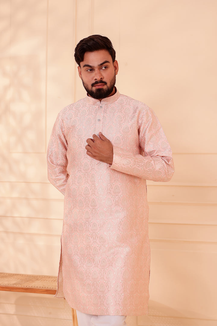 Peach Brocade Silk Kurta Suit with Gold Zari Weave.