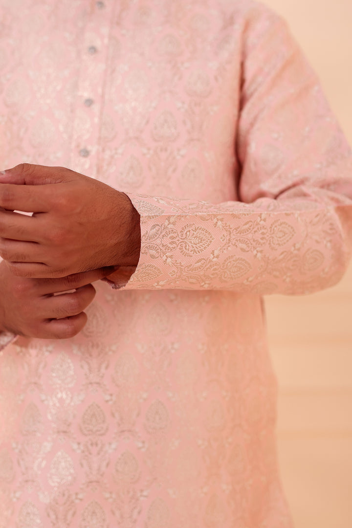 Peach Brocade Silk Kurta Suit with Gold Zari Weave.