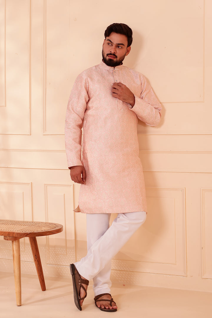 Peach Brocade Silk Kurta Suit with Gold Zari Weave.