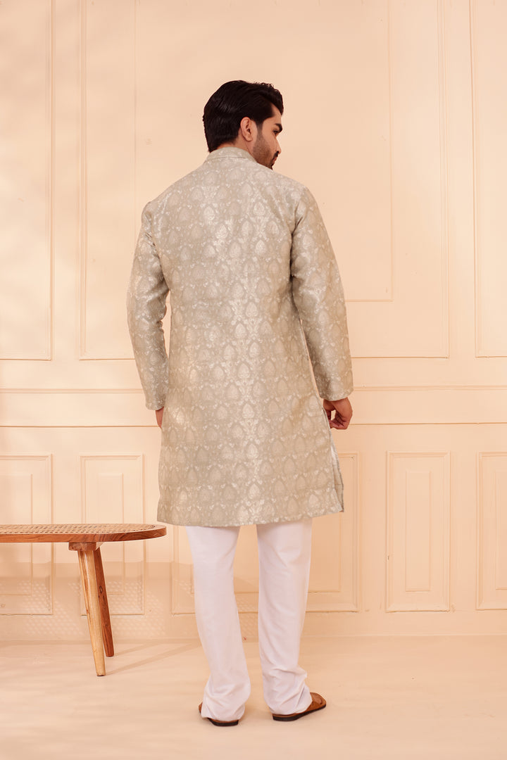 Dusty Mint Brocade Silk Kurta Suit with Gold Zari Weave.