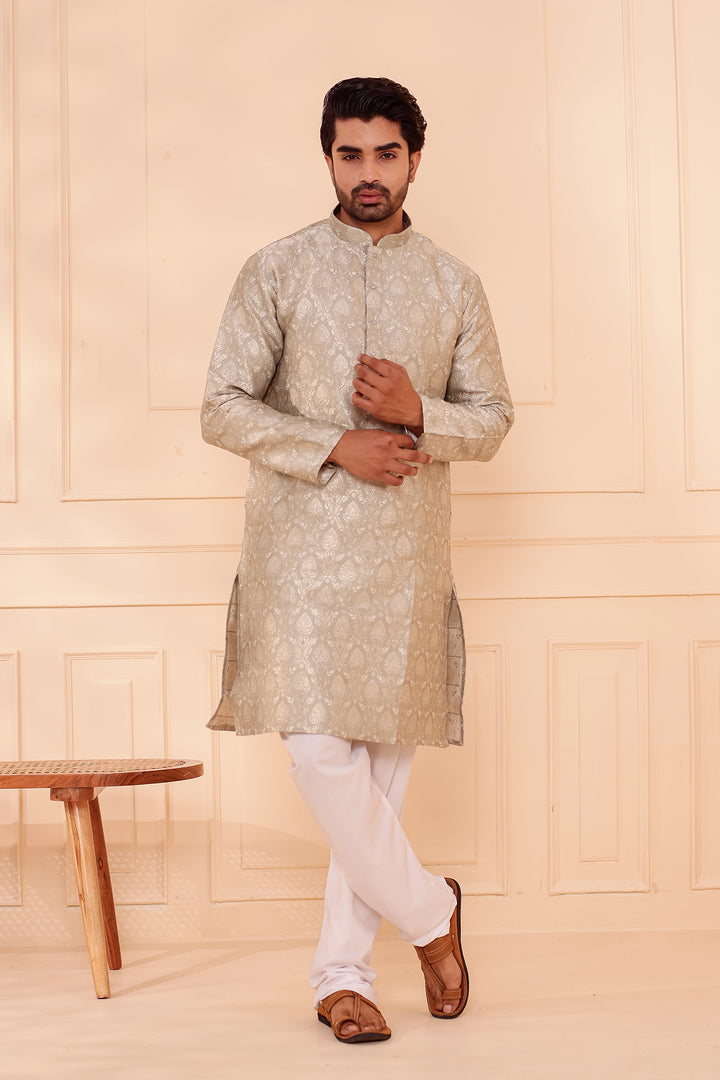 Dusty Mint Brocade Silk Kurta Suit with Gold Zari Weave.
