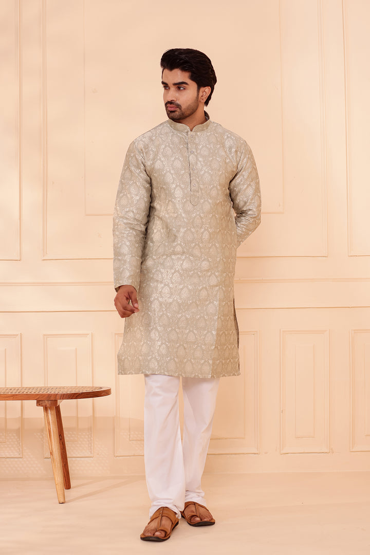 Dusty Mint Brocade Silk Kurta Suit with Gold Zari Weave.
