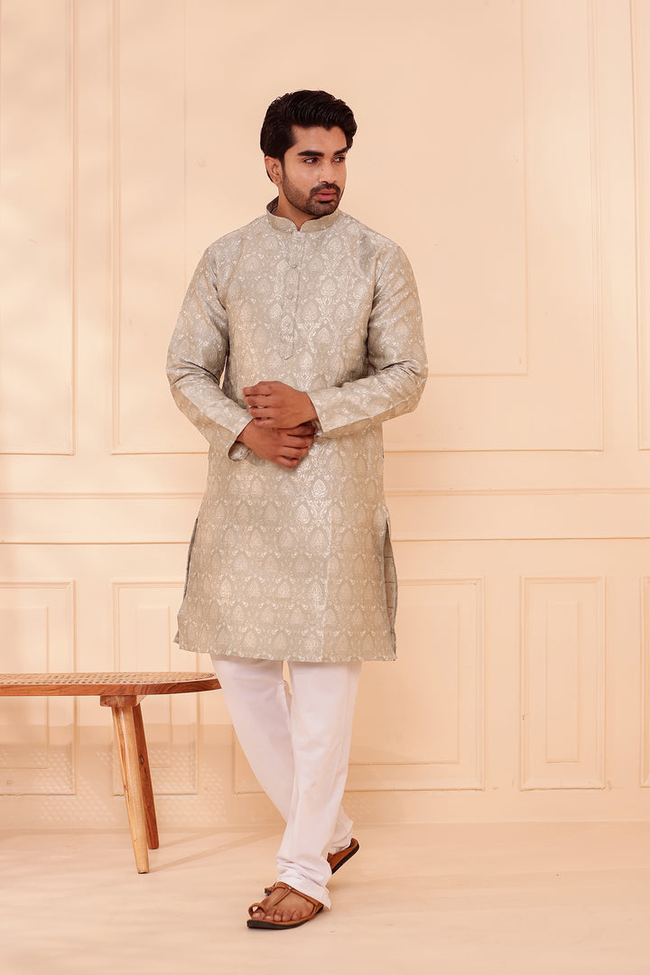 Dusty Mint Brocade Silk Kurta Suit with Gold Zari Weave.