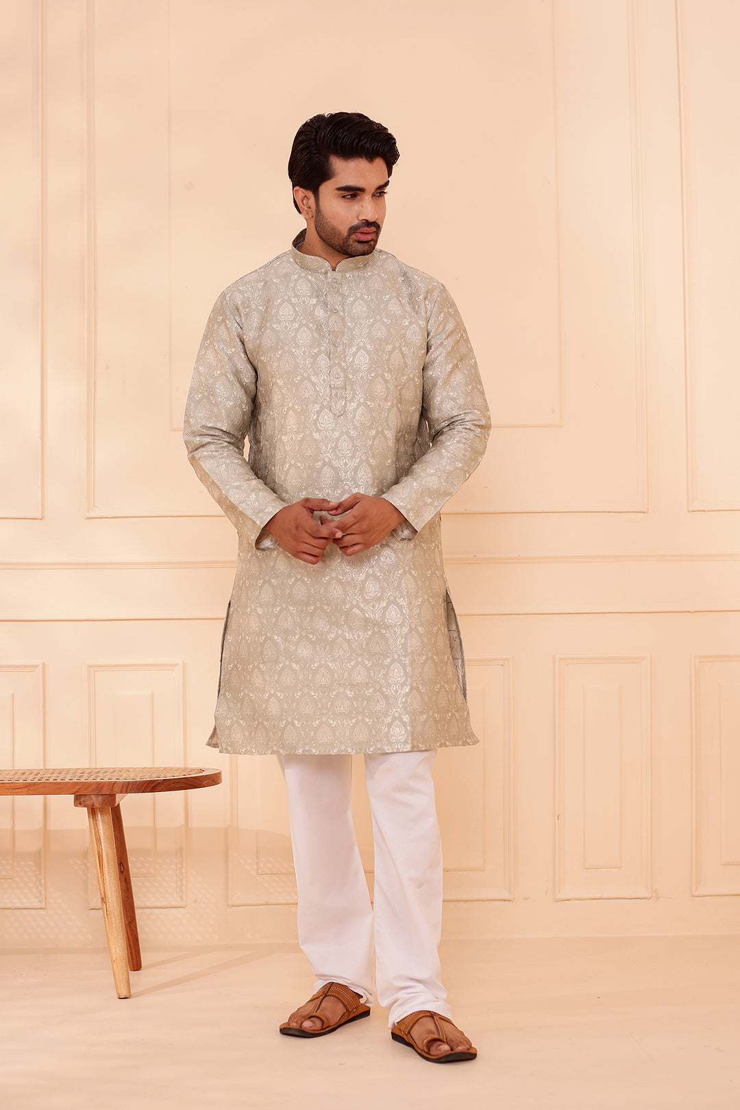 Dusty Mint Brocade Silk Kurta Suit with Gold Zari Weave.