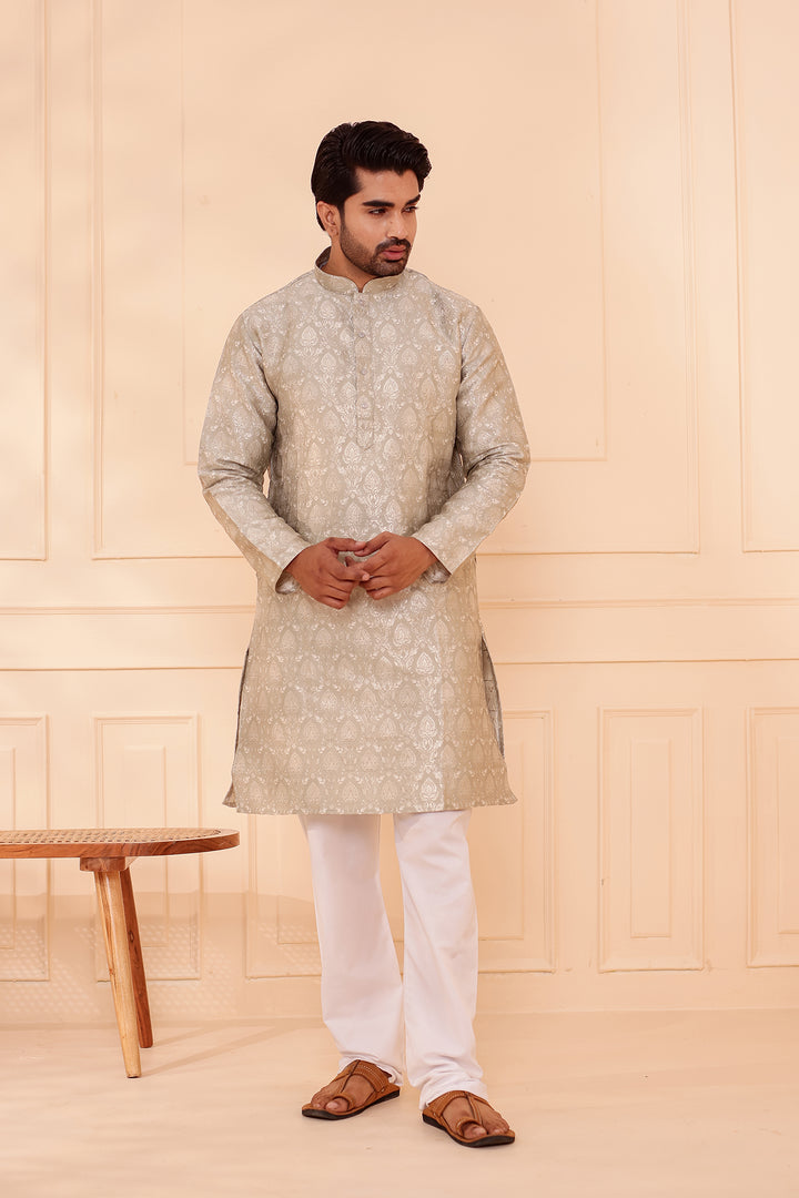 Dusty Mint Brocade Silk Kurta Suit with Gold Zari Weave.