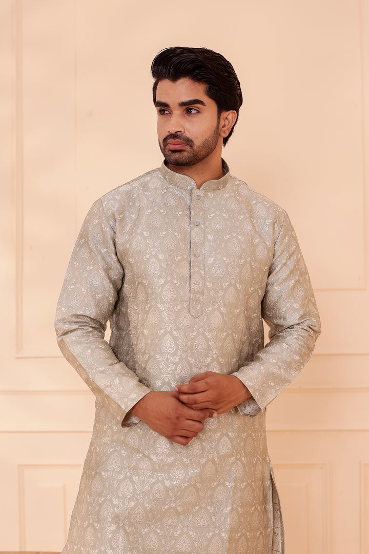 Dusty Mint Brocade Silk Kurta Suit with Gold Zari Weave.