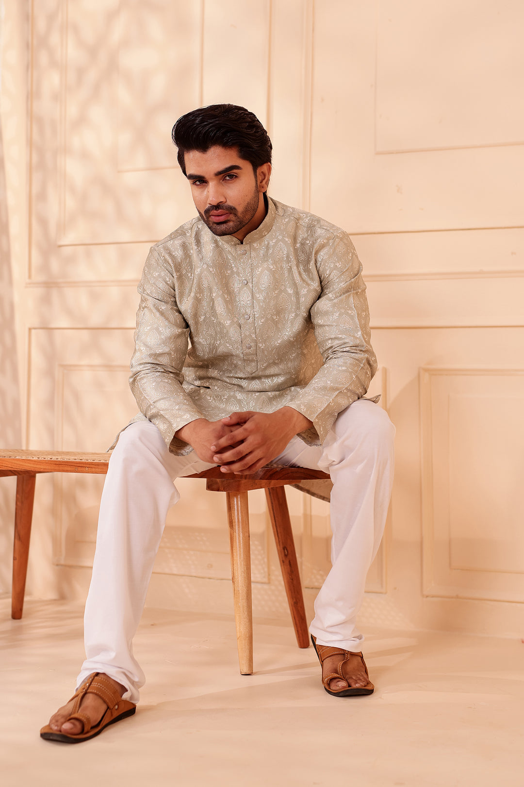 Dusty Mint Brocade Silk Kurta Suit with Gold Zari Weave.