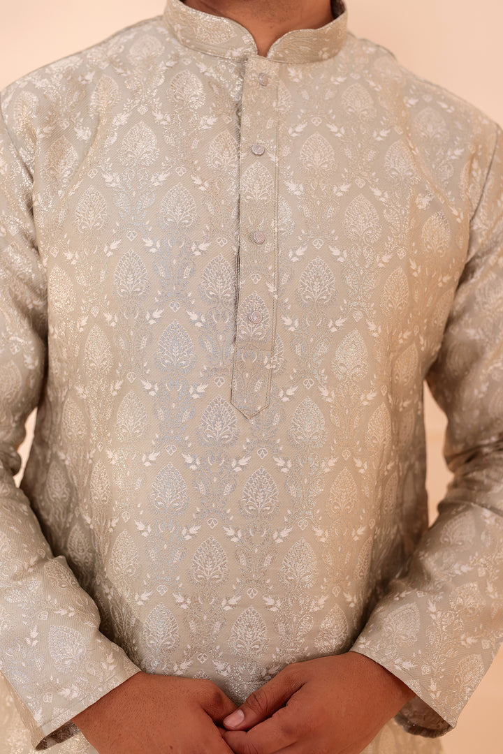 Dusty Mint Brocade Silk Kurta Suit with Gold Zari Weave.