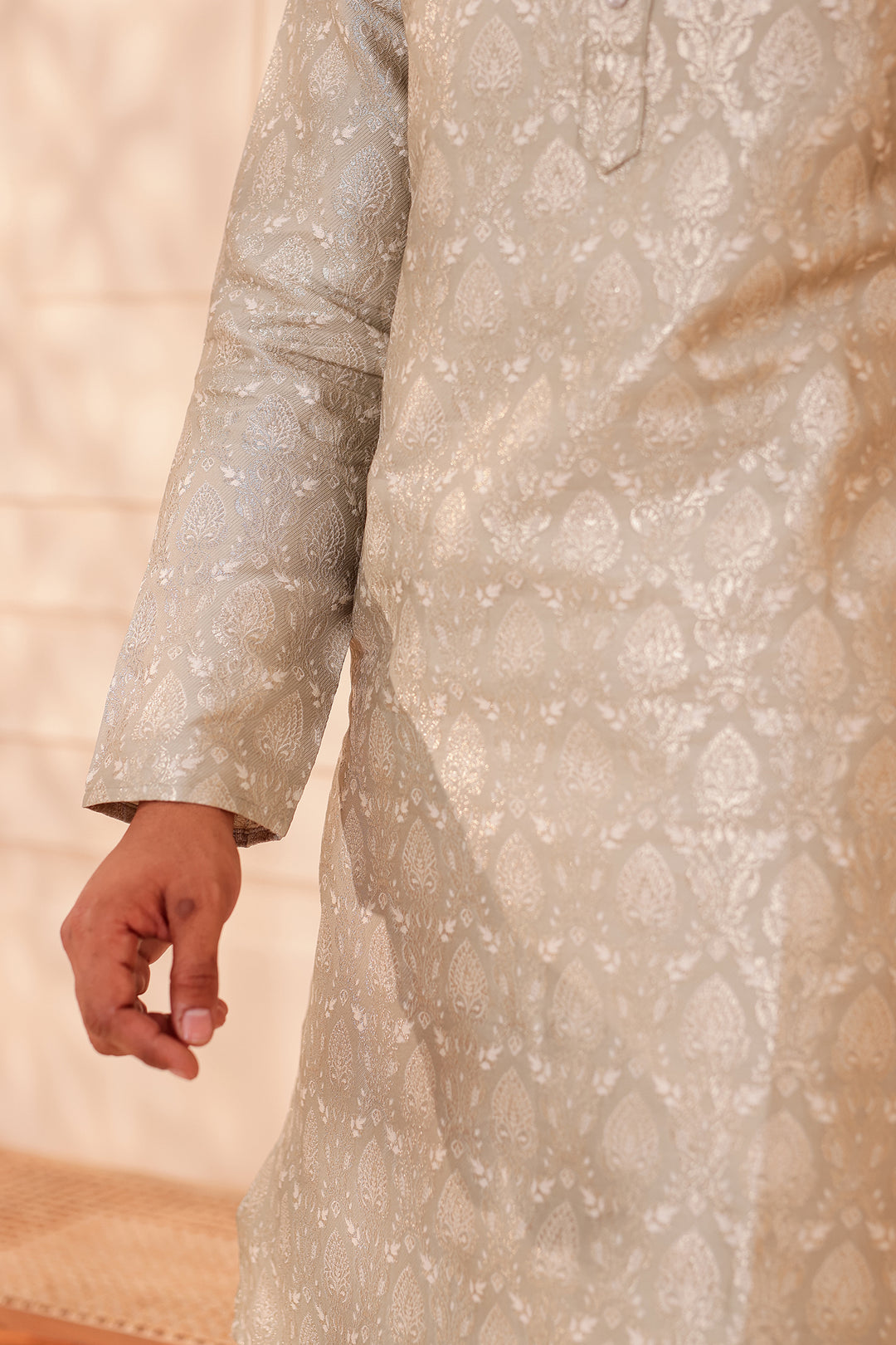 Dusty Mint Brocade Silk Kurta Suit with Gold Zari Weave.