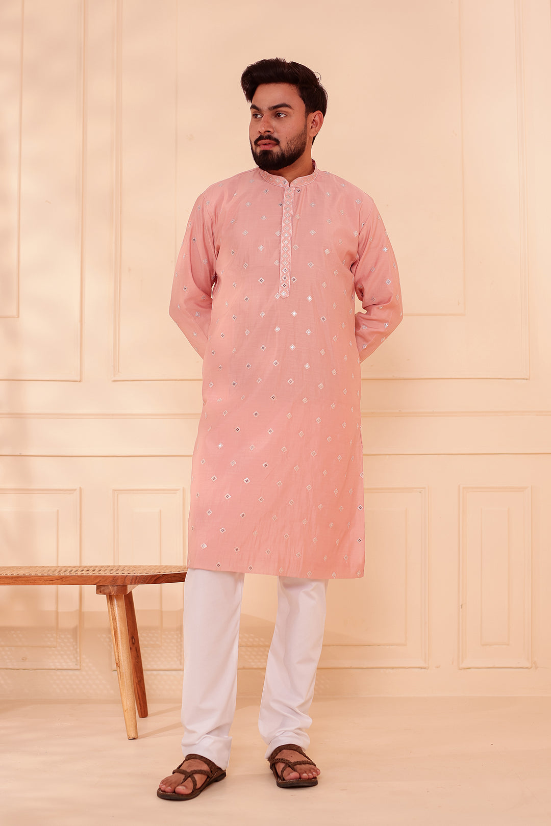 Peach Soft Silk Kurta Suit with Sequin & Thread Embroidery