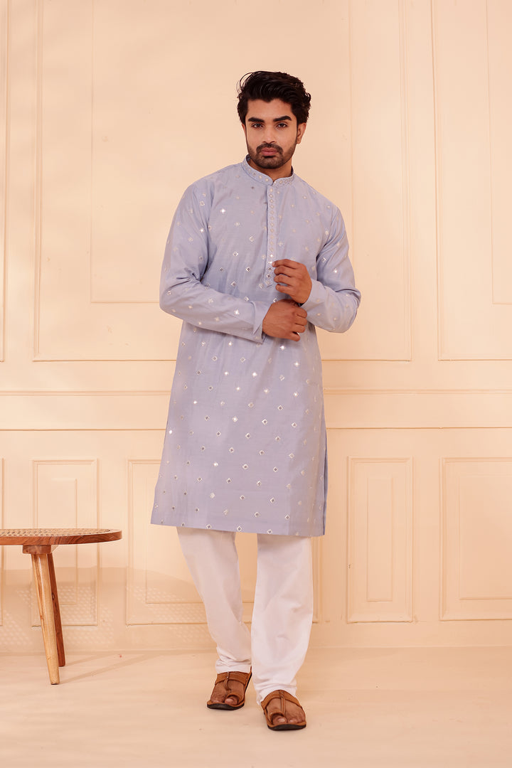 Greyish Blue Soft Silk Kurta Suit with Sequin & Thread Embroidery
