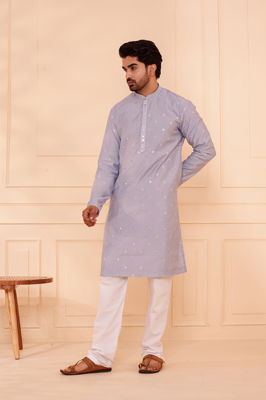 Greyish Blue Soft Silk Kurta Suit with Sequin & Thread Embroidery