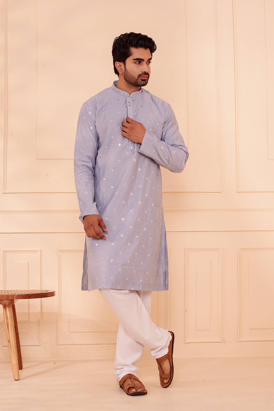 Greyish Blue Soft Silk Kurta Suit with Sequin & Thread Embroidery