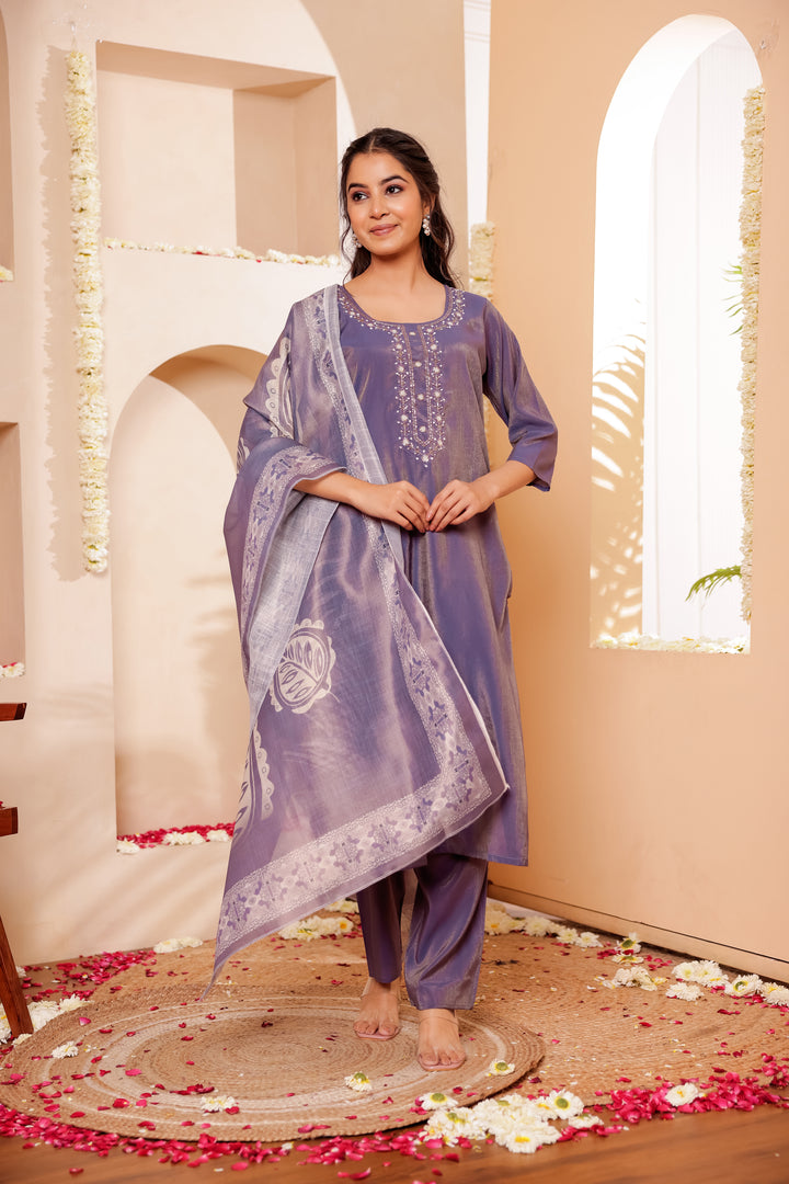 Mauve Soft Silk Straight Cut Kurta Set