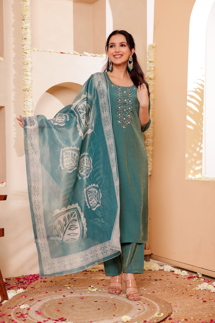Teal Blue Soft Silk Straight Cut Kurta Set