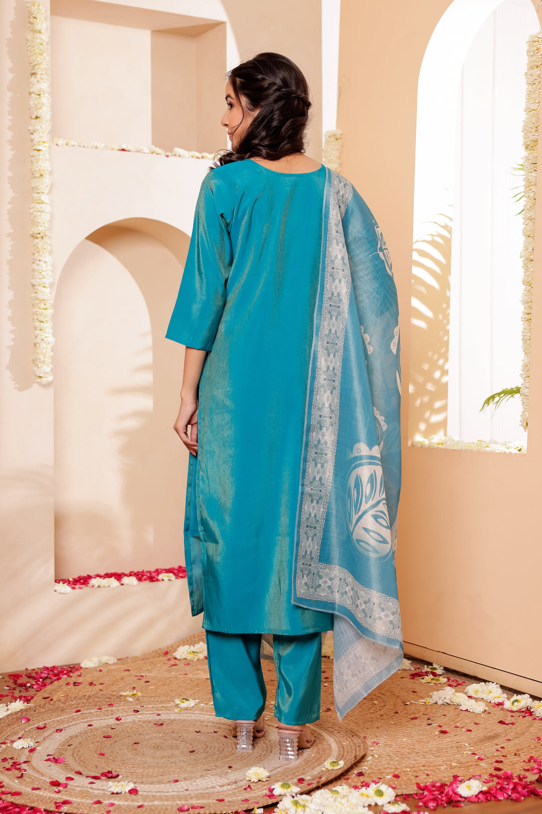 Firozi Blue Soft Silk Straight Cut Kurta Set