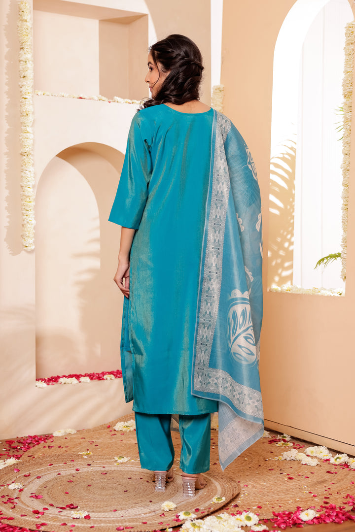 Firozi Blue Soft Silk Straight Cut Kurta Set