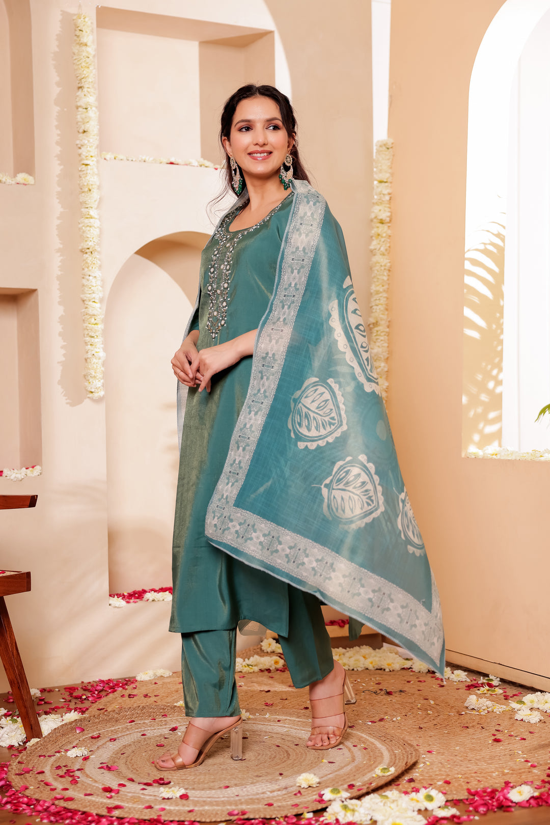Teal Blue Soft Silk Straight Cut Kurta Set