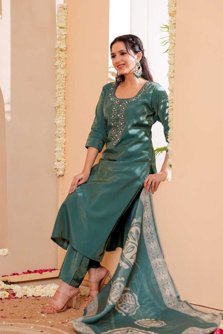 Teal Blue Soft Silk Straight Cut Kurta Set