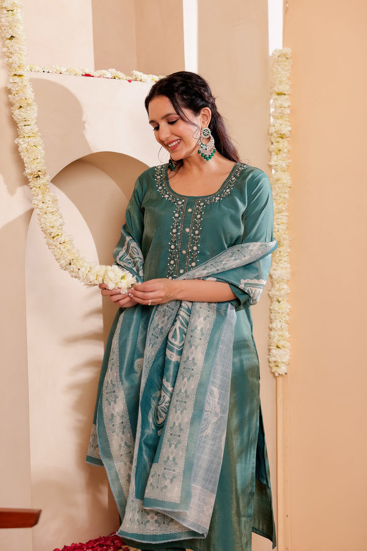 Teal Blue Soft Silk Straight Cut Kurta Set