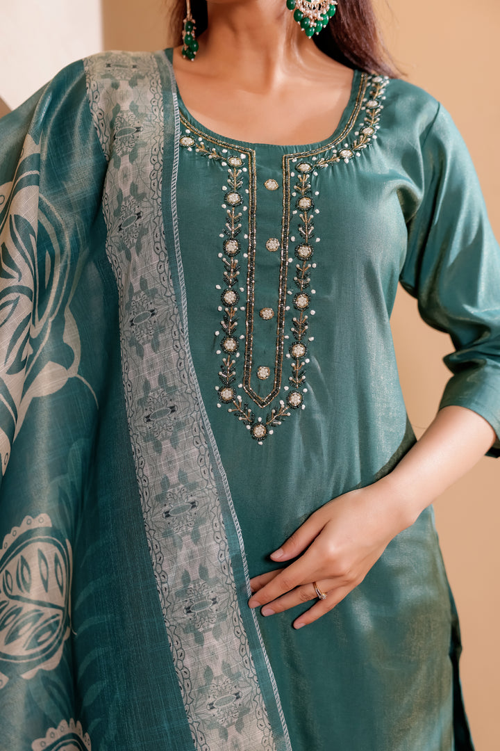 Teal Blue Soft Silk Straight Cut Kurta Set