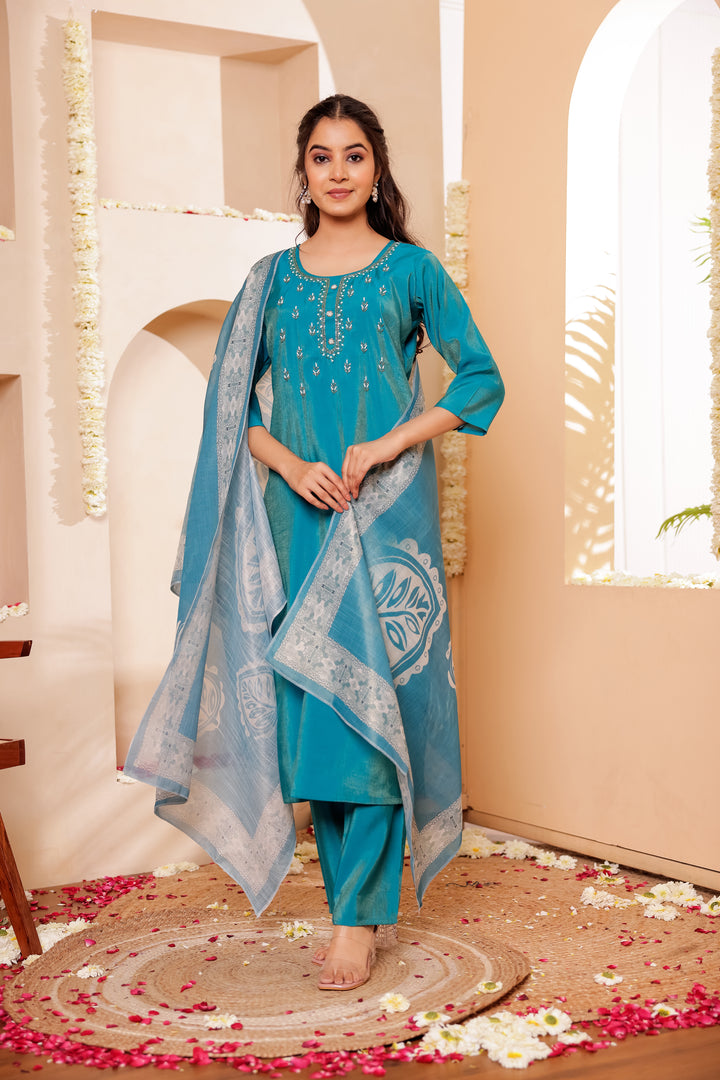 Firozi Blue Soft Silk Straight Cut Kurta Set