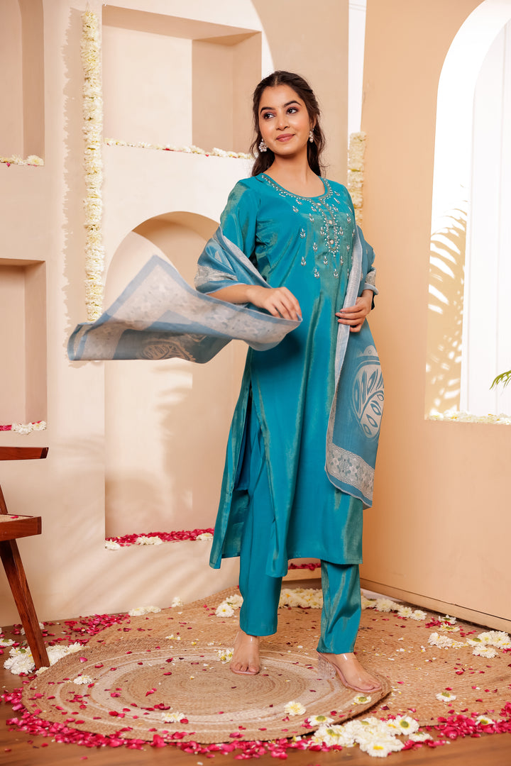 Firozi Blue Soft Silk Straight Cut Kurta Set