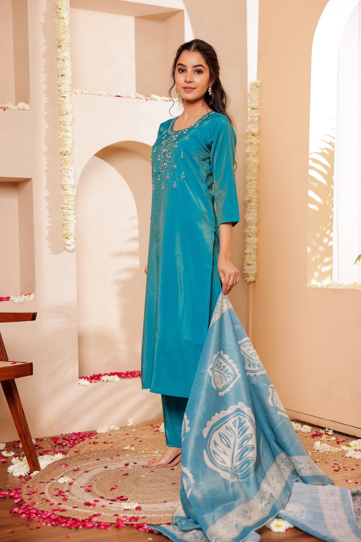 Firozi Blue Soft Silk Straight Cut Kurta Set