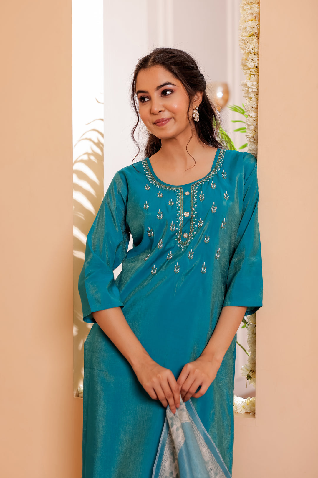 Firozi Blue Soft Silk Straight Cut Kurta Set