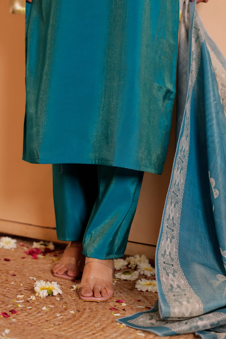 Firozi Blue Soft Silk Straight Cut Kurta Set