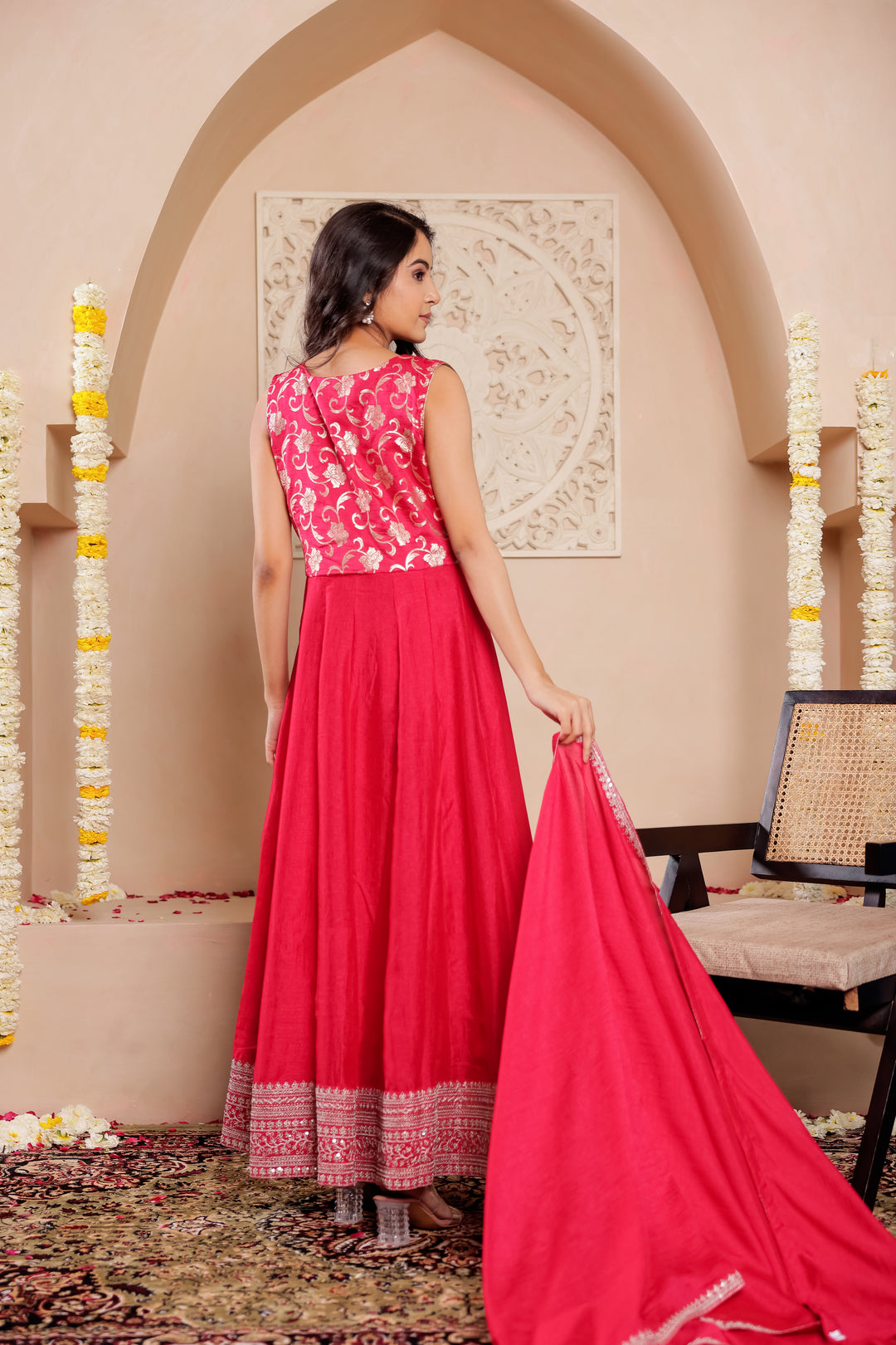 Fuchsia Pink  Vichitra Silk Anarkali Suit