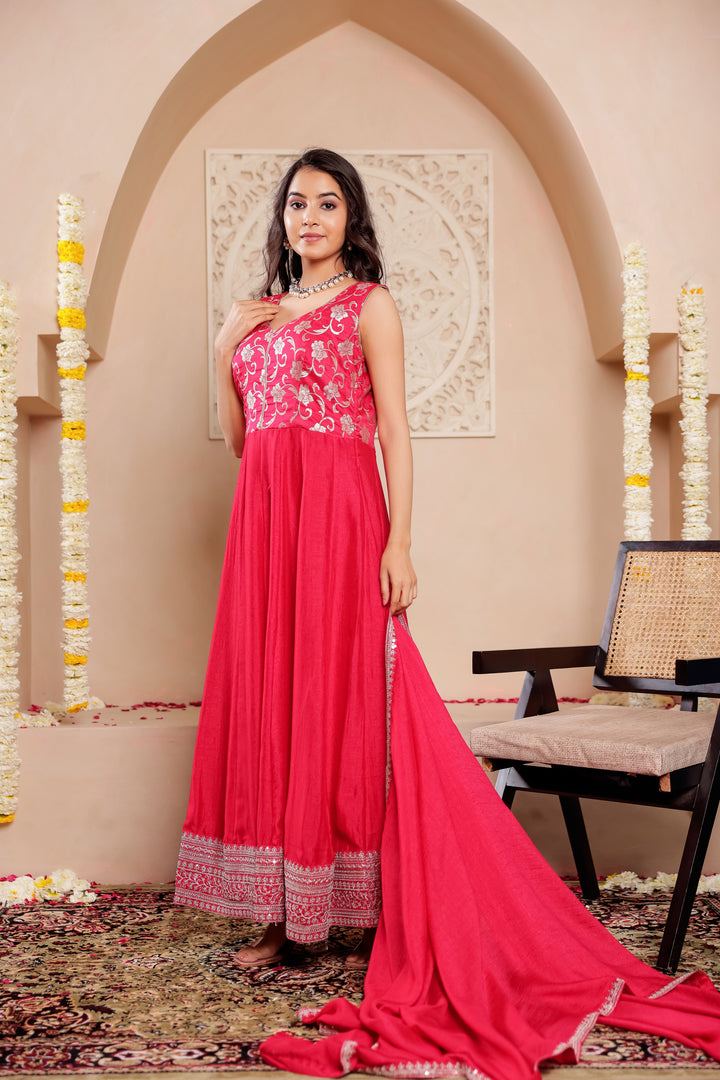 Fuchsia Pink  Vichitra Silk Anarkali Suit