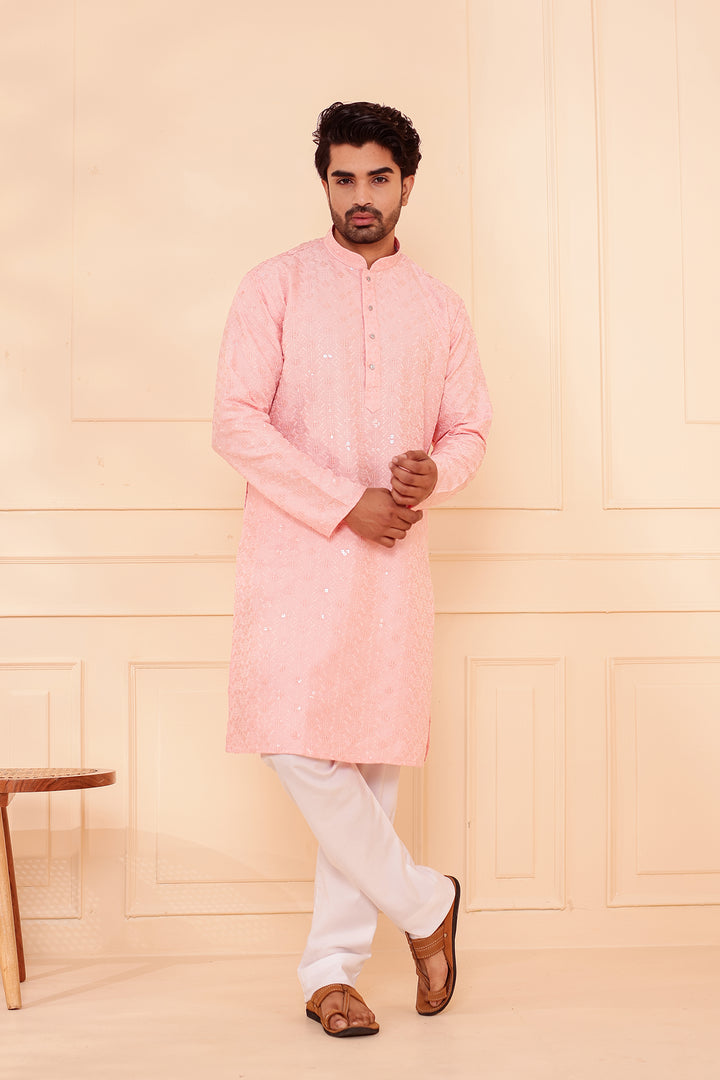 Peach Lucknowi Chikankari Kurta Suit with Sequin Work.