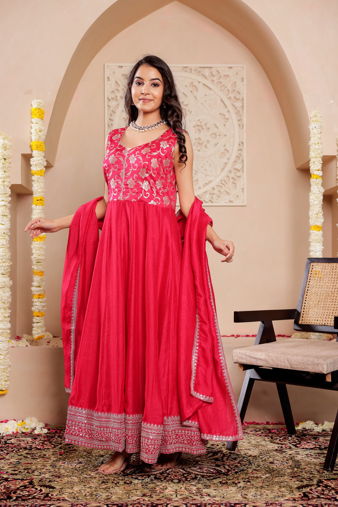 Fuchsia Pink  Vichitra Silk Anarkali Suit
