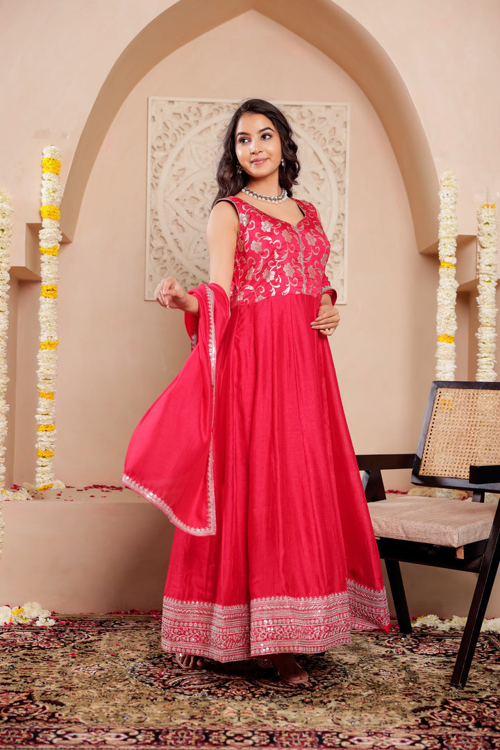 Fuchsia Pink  Vichitra Silk Anarkali Suit