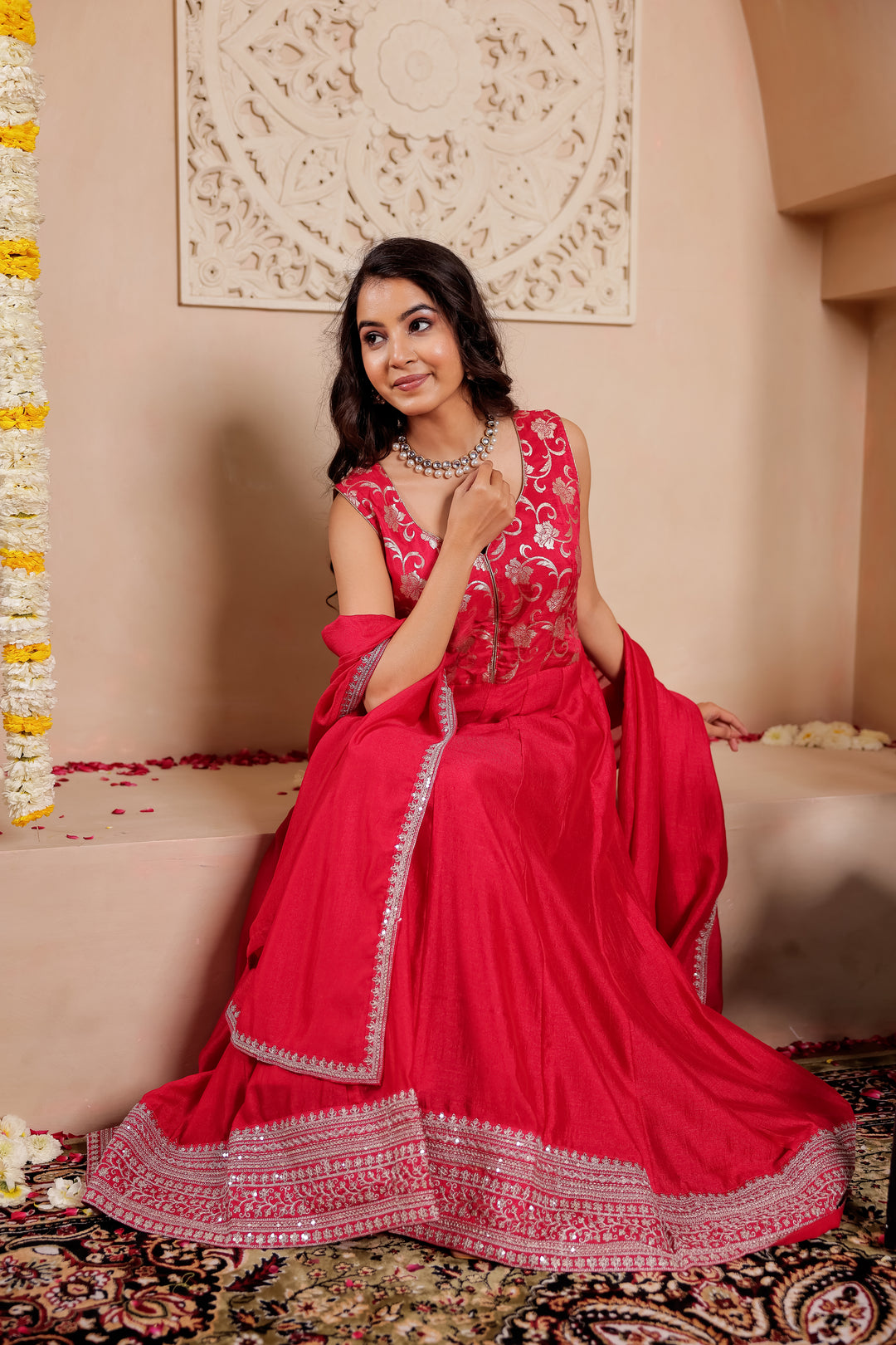 Fuchsia Pink  Vichitra Silk Anarkali Suit